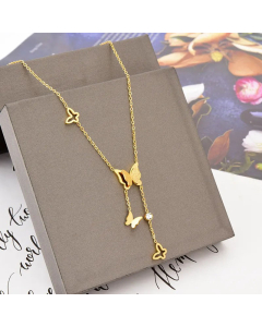 Fashion Butterfly Pearl Titanium Steel Necklace Inlay Zircon Stainless Steel Tassle Necklaces 