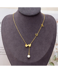 Fashion Butterfly Pearl Titanium Steel Necklace Inlay Zircon Stainless Steel Tassle Necklaces 