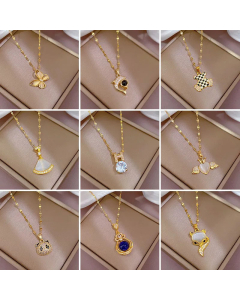 Classic Double Side Four-Leaf Clover Rhinestones Pendant Stainless Steel Necklace Colorza