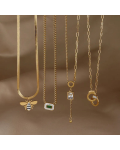 Glam Square Bee Pendent Titanium Steel Gold Plated Zircon Necklace