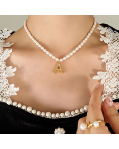Fashion Pearl Chain 26 Letter Titanium Steel Plating Pendant Necklace