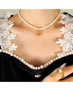 Fashion Pearl Chain 26 Letter Titanium Steel Plating Pendant Necklace