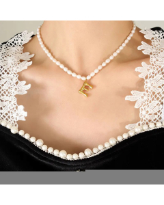 Fashion Pearl Chain 26 Letter Titanium Steel Plating Pendant Necklace