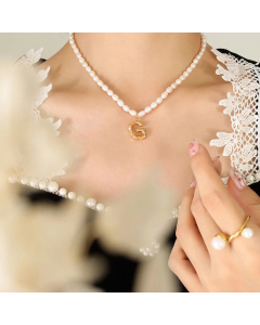Fashion Pearl Chain 26 Letter Titanium Steel Plating Pendant Necklace