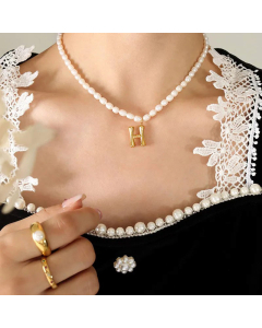 Fashion Pearl Chain 26 Letter Titanium Steel Plating Pendant Necklace