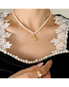Fashion Pearl Chain 26 Letter Titanium Steel Plating Pendant Necklace