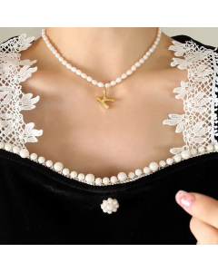 Fashion Pearl Chain 26 Letter Titanium Steel Plating Pendant Necklace