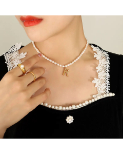 Fashion Pearl Chain 26 Letter Titanium Steel Plating Pendant Necklace