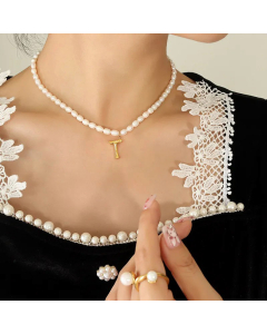 Fashion Pearl Chain 26 Letter Titanium Steel Plating Pendant Necklace
