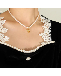 Fashion Pearl Chain 26 Letter Titanium Steel Plating Pendant Necklace