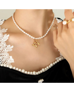 Fashion Pearl Chain 26 Letter Titanium Steel Plating Pendant Necklace