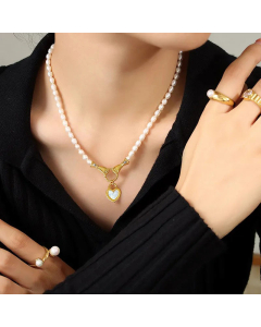 French Style Heart Shape Titanium Steel Pearl Plating Pendant Necklace