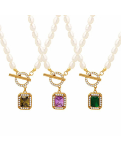 Claissic OT Buckle Pearl Chain Inlay Zircon Square Pendant Titanium Steel Plating Necklace 