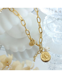 French Style Round Titanium Steel Pearl Plating Pendant Necklace Colorza
