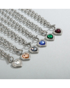 Fashion Heart Shape Titanium Steel OT Buckle Plating Inlay Glass Pendant Necklace Colorza