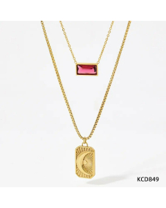 Retro Square Moon Tag Stainless Steel Plating Inlay Zircon Pendant Necklace Colorza