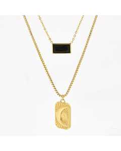 Retro Square Moon Tag Stainless Steel Plating Inlay Zircon Pendant Necklace Colorza
