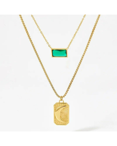 Retro Square Moon Tag Stainless Steel Plating Inlay Zircon Pendant Necklace Colorza