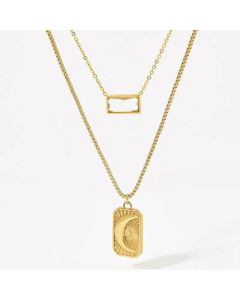 Retro Square Moon Tag Stainless Steel Plating Inlay Zircon Pendant Necklace Colorza
