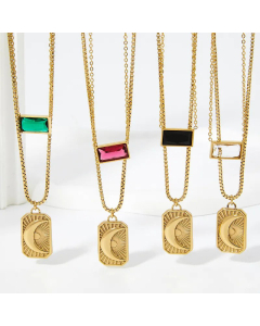Retro Square Moon Tag Stainless Steel Plating Inlay Zircon Pendant Necklace Colorza
