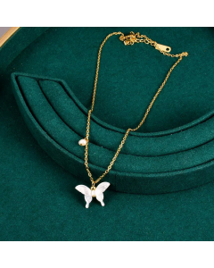 Elegant Butterfly Pendant Titanium Steel Gold Plated Artificial Pearls Shell Necklace