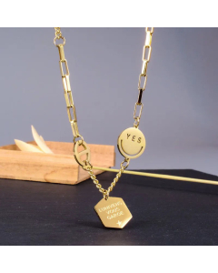 Fashion Gold Plated Hexagon Letter Smiley Face Titanium Steel Pendant Necklace