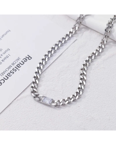 Fashion Square Inlaid Gemstone Titanium Steel Plating Rhinestones Necklace-Steel Color-White