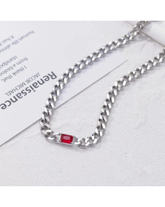 Fashion Square Inlaid Gemstone Titanium Steel Plating Rhinestones Necklace-Steel Color-Red