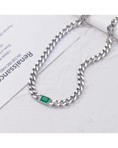 Fashion Square Inlaid Gemstone Titanium Steel Plating Rhinestones Necklace-Steel Color-Green