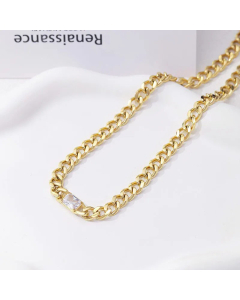 Fashion Square Inlaid Gemstone Titanium Steel Plating Rhinestones Necklace-Gold Color-White