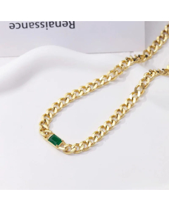 Fashion Square Inlaid Gemstone Titanium Steel Plating Rhinestones Necklace-Gold Color-Green