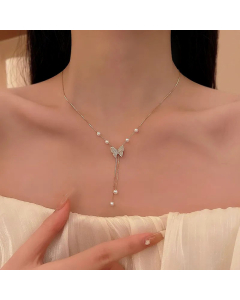 Fashion Heart Shape Butterfly  Pendent Titanium Steel Inlay Artificial Pearls Necklace Colorza