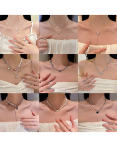Fashion Heart Shape Butterfly Pendent Titanium Steel Inlay Artificial Pearls Necklace Colorza