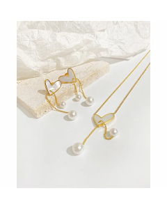 Fashion Inlay Artificial Pearls Shell Heart Shape Stainless Steel Pendant Necklace Earrings 1 Set
