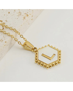 Fashion Hexagon Letter Stainless Steel Titanium Steel Plating Inlay Shell Pendant Necklace Colorza