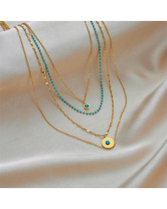 Retro Inlay Turquoise Layered Round Titanium Steel Gold Plated Necklaces Colorza