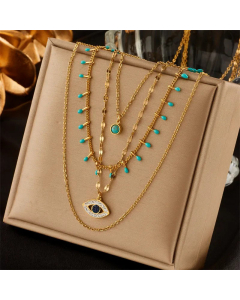 Retro Layered Eye Titanium Steel Inlay Turquoise Zircon Necklaces Colorza