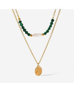Fashion Gold Plated Oval Stainless Steel Beaded Pearl Pendant Necklace Colorza