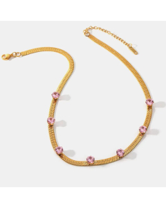 Fashion Rond Pink Zircon Inlaid Stainless Steel Necklace Colorza