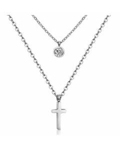 Modern Style Layered Cross Four Leaf Clover Flower Stainless Steel Rhinestones Inlaid Necklaces-Steel Color-01