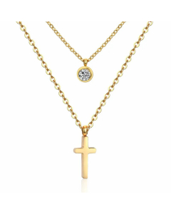 Modern Style Layered Cross Four Leaf Clover Flower Stainless Steel Rhinestones Inlaid Necklaces-Gold Color-01