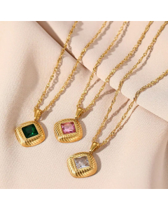 Classic Striped Square Titanium Steel Plating Inlay Zircon Pendant Necklace Colorza