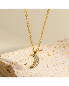 Fashion Plating Inlay Artificial Diamond Moon Titanium Steel Pendant Necklace Colorza