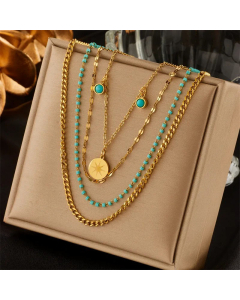 Retro Gold Plated Inlay Turquoise Round Titanium Steel Beaded Layered Necklaces Colorza