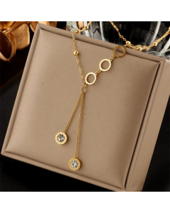 Retro Gold Plated Inlay Zircon Round Titanium Steel Pendant Necklace Colorza