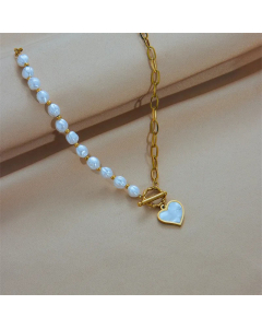 Fashion Gold Plated Inlay Shell Heart Shape Titanium Steel Pearl Pendant Necklace Colorza