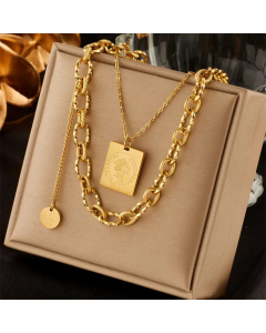 Retro Gold Plated Square Portrait Titanium Steel Layered Necklaces Colorza
