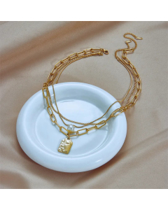 French Style Gold Plated Human Face Titanium Steel Pearl Layered Necklaces Colorza