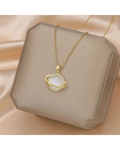 Trendy Heart Wings Longevity Lock Pendant Rhinestone Inlaid Stainless Steel Necklace Colorza