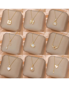 Fashion Inlay Artificial Gemstones Bowknot Butterfly Titanium Steel Pendant Necklace Colorza